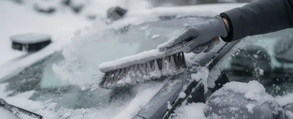 A person is using a foam snow brush to gently push pile snow off a car
