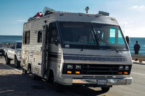An RV with a complete windshield replacement