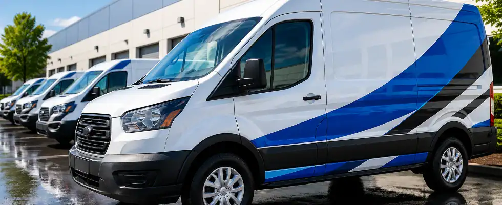 Fleet of vans in crisp sunlight