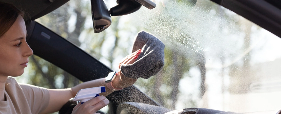 Woman cleaning the inside of her windshield with spray bottle and microfiber cloth