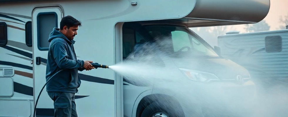 man power washing an RV