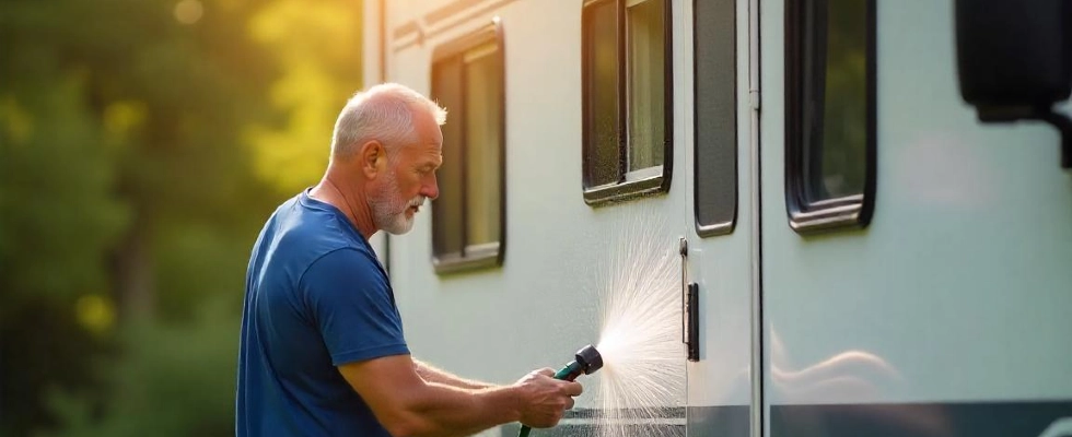 a man spraying against the RV using a graden hose