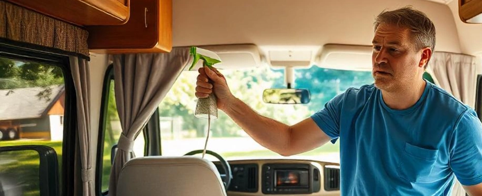 a man cleaning the interior of RV