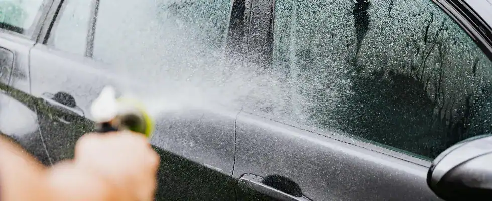 Rinsing loose pollen off a car with a garden hose