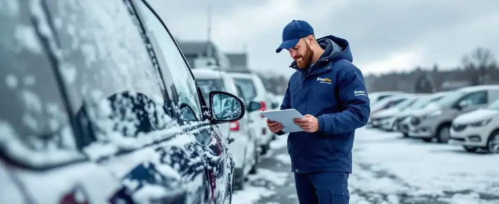 ShinePro fleet expert inspecting fleet vehicles for winter damage