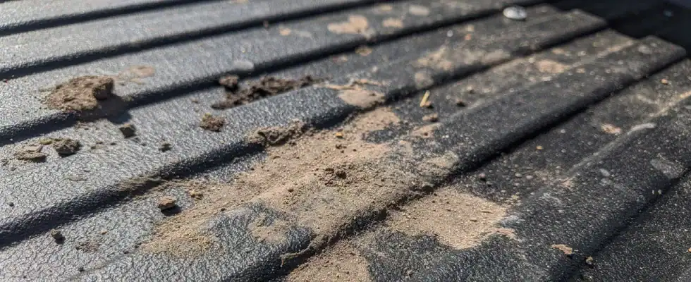 The close-up image shows dirt and stains on a truck bed liner