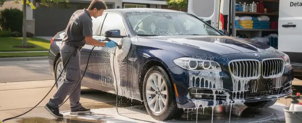 The image depicts a mobile detailing service in Oklahoma City
