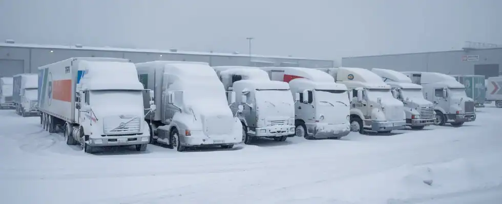 The image depicts a pile of trucks covered in snow