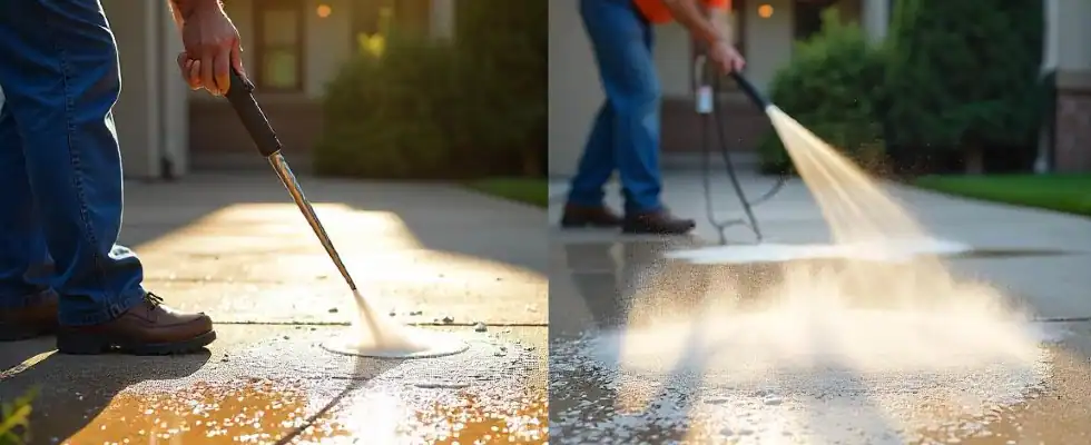 A split-view image showing a concrete driveway or patio being pre-treated before pressure washing.