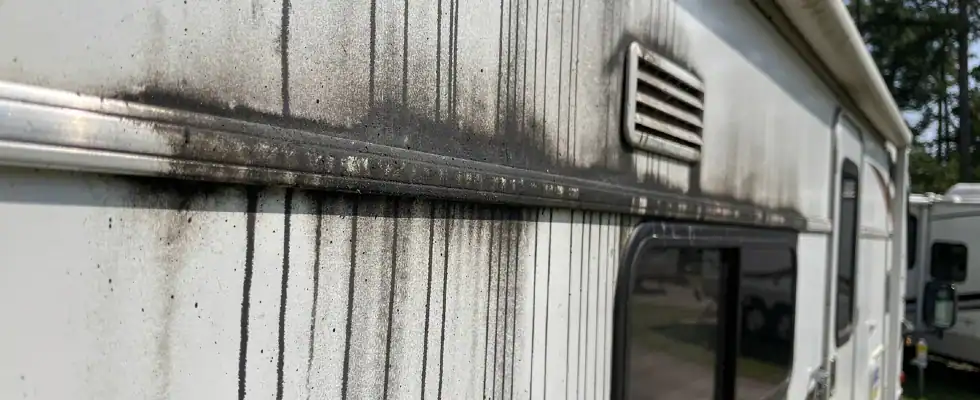 a close-up of stubborn black streaks on an RV's fiberglass surface