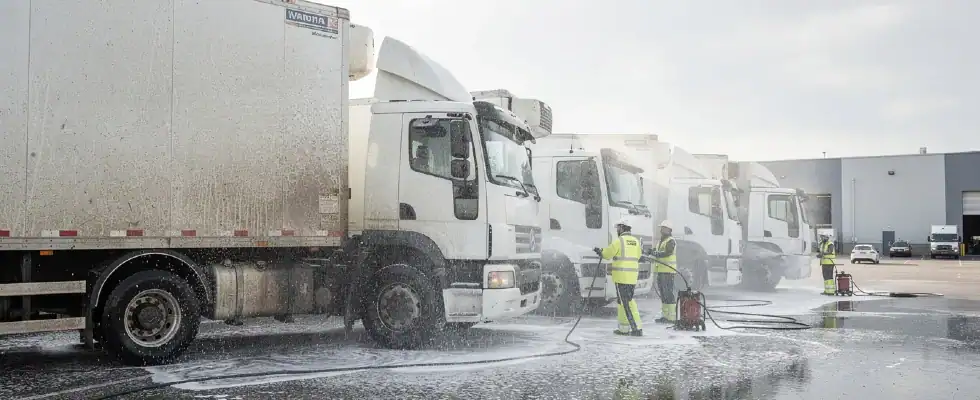 a fleet of wrapped vehicles being pressure washed to remove dirt