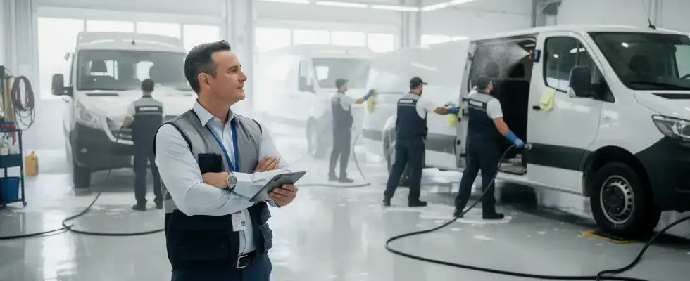 a fleet owner closely observing detailers
