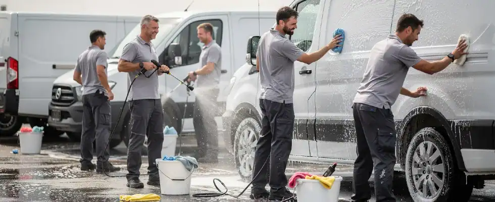 a group of fleet detailers working together joyfully