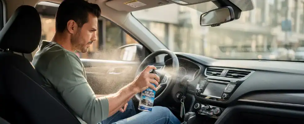 a man applying odor neutralizers inside a car