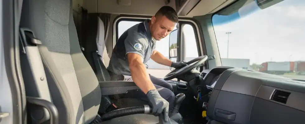 a professional deep vacuuming process taking place on the interior seats of a semi truck