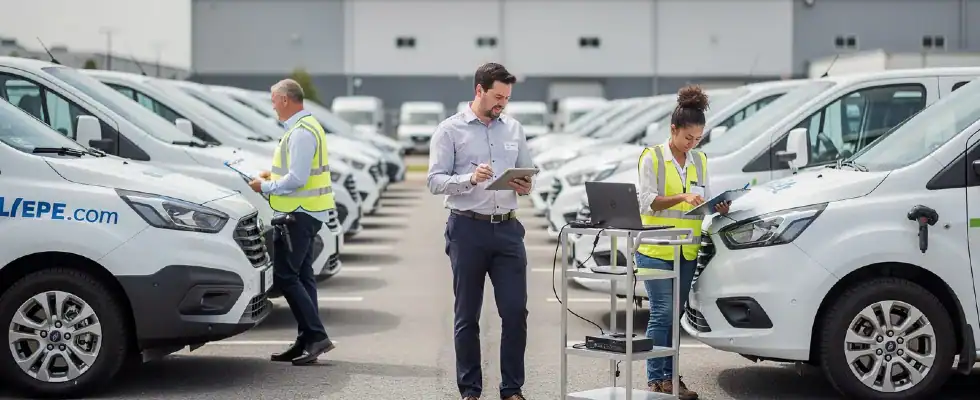 a team of professionals inspecting a fleet of wrapped vehicles