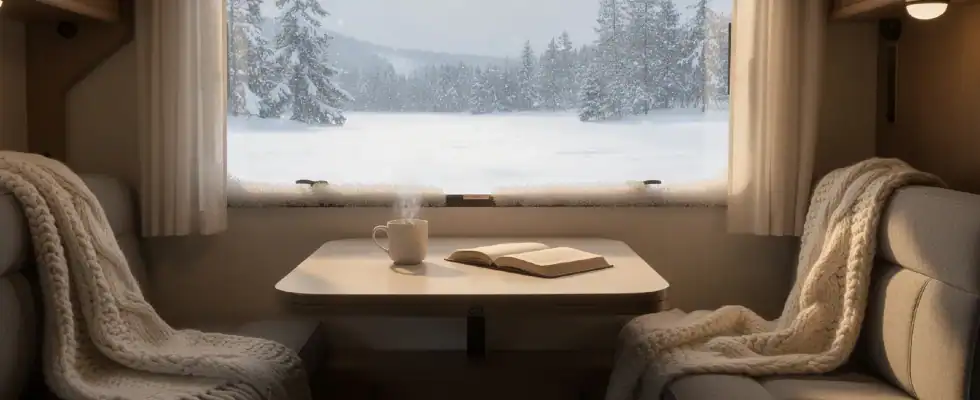 a winter view from the inside window of an RV