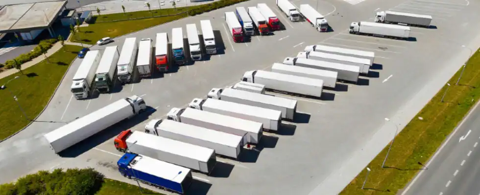 aerial view of fleet of trucks