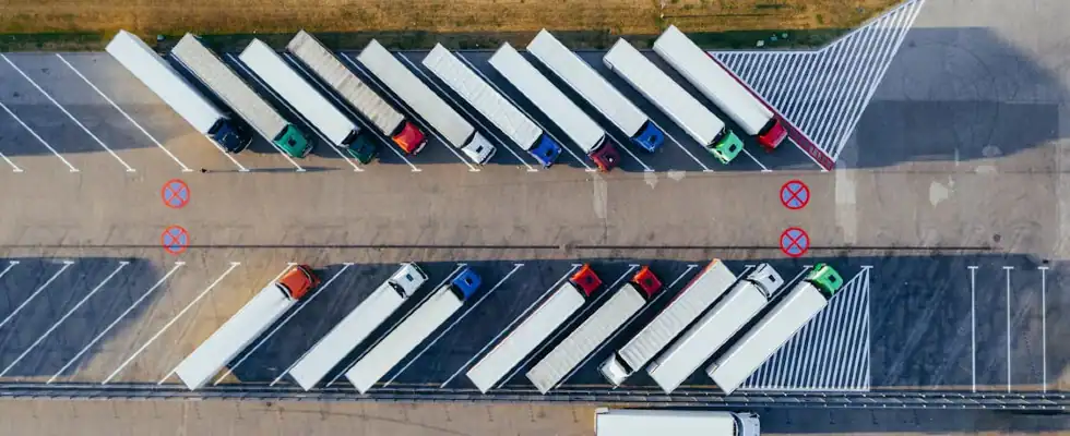 aerial view of parked trucks