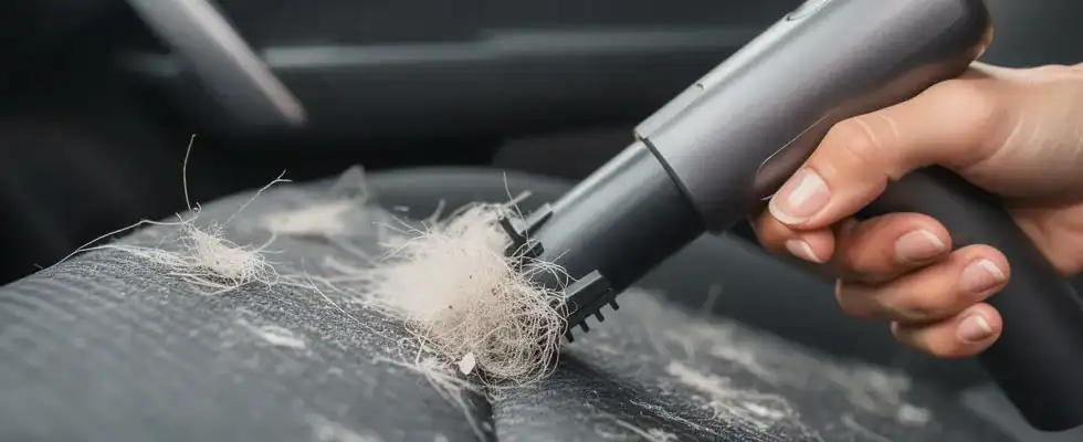 hand is seen using a vacuum with a brush tool to remove stubborn pet hair