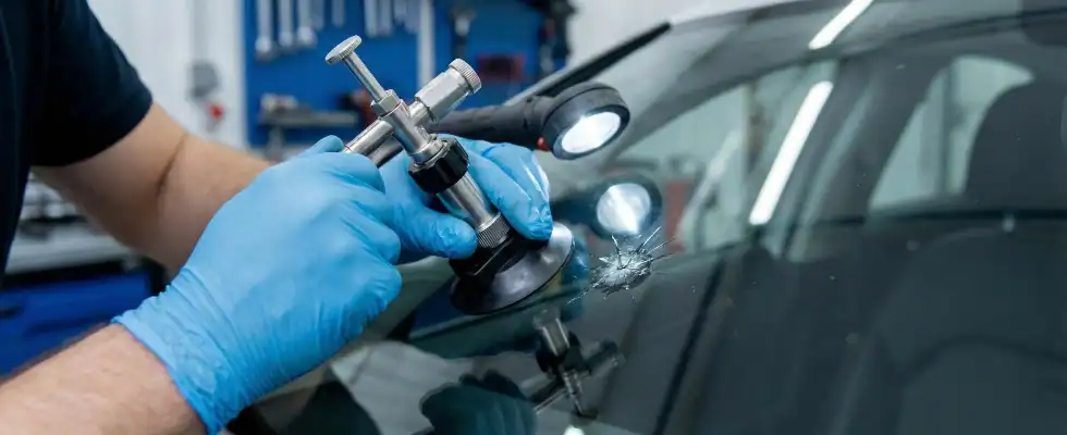 man repairing windshield