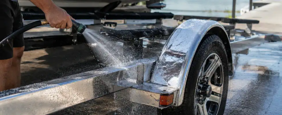 man rinsing boat trailer near lake
