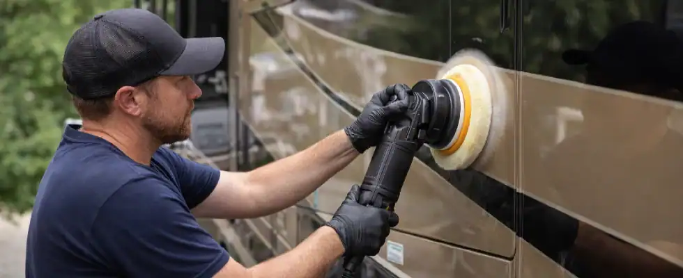 professional detailer polishing and waxing an RV