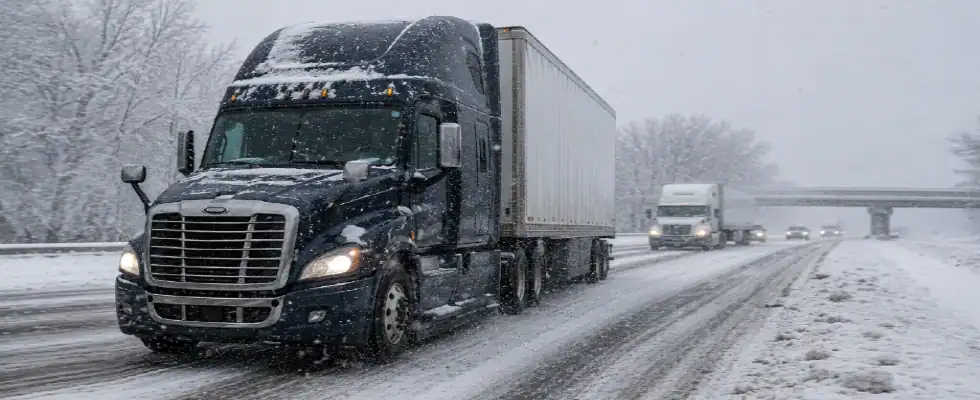 truck driving in snowy conditions